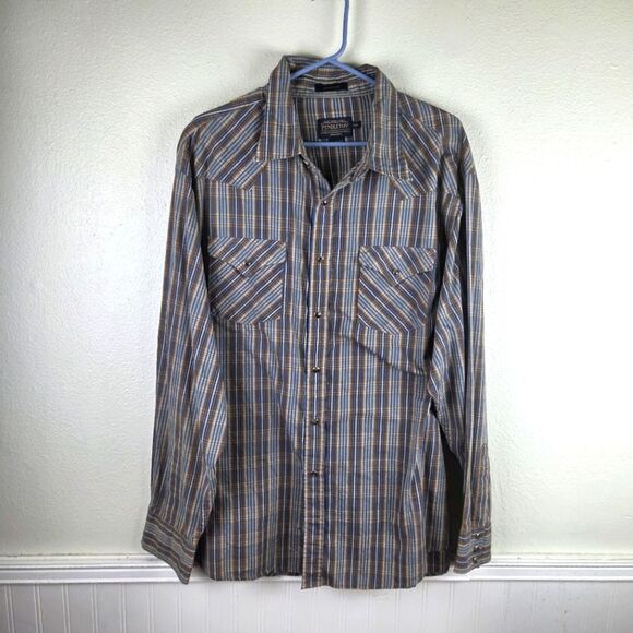 Pendleton Other - Men's Pendleton Brown Blue Snap Button Casual Plaid Frontier Shirt Size XXL